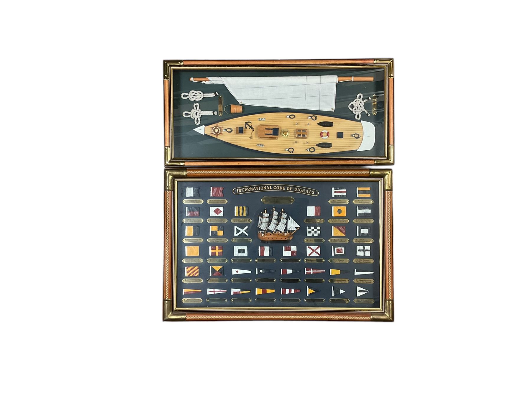 Two yacht models, together with frame International Code of Signals and another framed diorama, largest yacht, H95cm