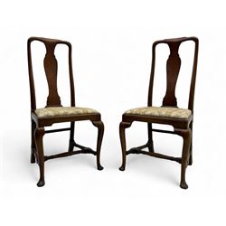 Pair of 19th century Queen Anne design walnut framed side chairs, yoke crest rail over vase-shaped splat, upholstered drop-in seats, raised on cabriole supports with pad feet united by turned stretchers