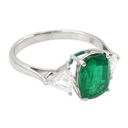 18ct white gold three stone cushion cut emerald and fancy trillion cut diamond ring, emerald 1.95 carat, total diamond weight 0.48 carat, with World Gemological Institute report