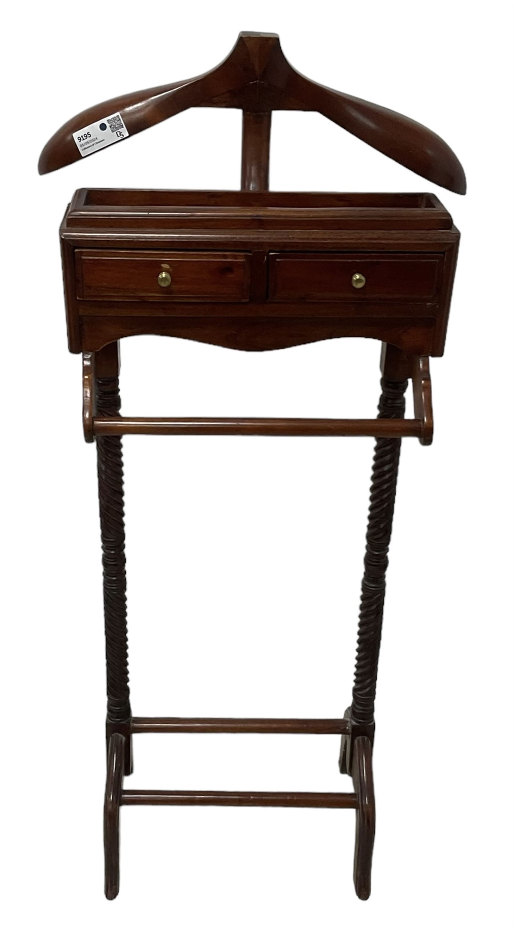 Mahogany valet stand; mahogany dressing stool with cabriole supports; three footstools with tapestry seats; Georgian design chair on castors (6)