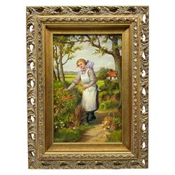 Robert William Bates (British 19th/20th Century): Young Woman Picking Flowers, oil on board signed 32cm x 20cm