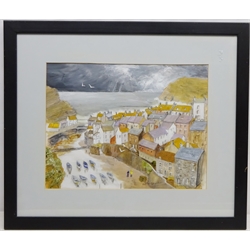  'Staithes', 20th/21st century acrylic on canvas signed by Val McLoughlin 34cm x 44cm   