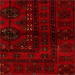 Turkman hand-knotted carpet, deep red ground, with an all-over field of repeating gul motifs arranged in rows, enclosed by multiple red geometric borders with stylised flowerheads and hooked motifs, flanked by narrow patterned guard stripes, with wool fringes