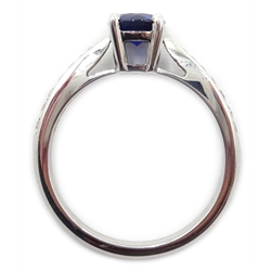  18ct white gold single stone sapphire ring, with diamond set shoulders, stamped 750, sapphire approx 0.8 carat  