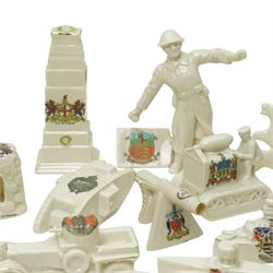 WW1 crested china including Grafton 'The Bomb thrower', Swan 'Nurse & Wounded Tommy', Model of Motor Tractor used on Western Front', two tanks, ambulance, Cenotaph etc