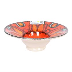 Poole pottery, Delphis Volcano pedestal dish, Delphis charges, in blues and black on a red ground, shape four and another plate, pedestal dish D23cm 