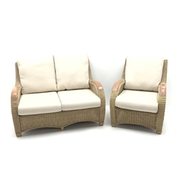  Two seat wicker conservatory sofa, upholstered back and seat (W125cm) and matching armchair (W73cm) (2)  