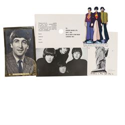 Beatles memorabilia, comprising John Lennon patch, nineteen Beatles chewing gum cards, collection of photographs and postcards including Eskimo Frozen Foods examples, two Beatles City carrier bags and Yellow Submarine cardboard cut-outs