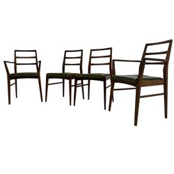 Richard Hornby for Fyne Ladye - set of six (4+2) mid-20th century dining chairs, ladder back over green faux leather upholstered drop-in seat, on tapering supports