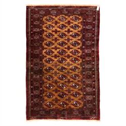North East Persian Turkoman hand-knotted rug, camel brown field decorated with repeating r...