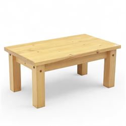 Contemporary stripped pine coffee table, rectangular top with visible knots and straight e...