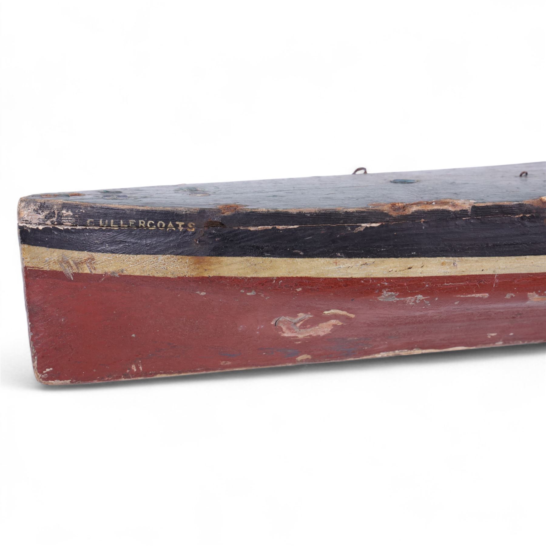 Wooden hull model of the Kirkcaldy fishing boat KY95 'Boy David' with painted decoration and inscribed 'D. Horsburgh Cullercoats'