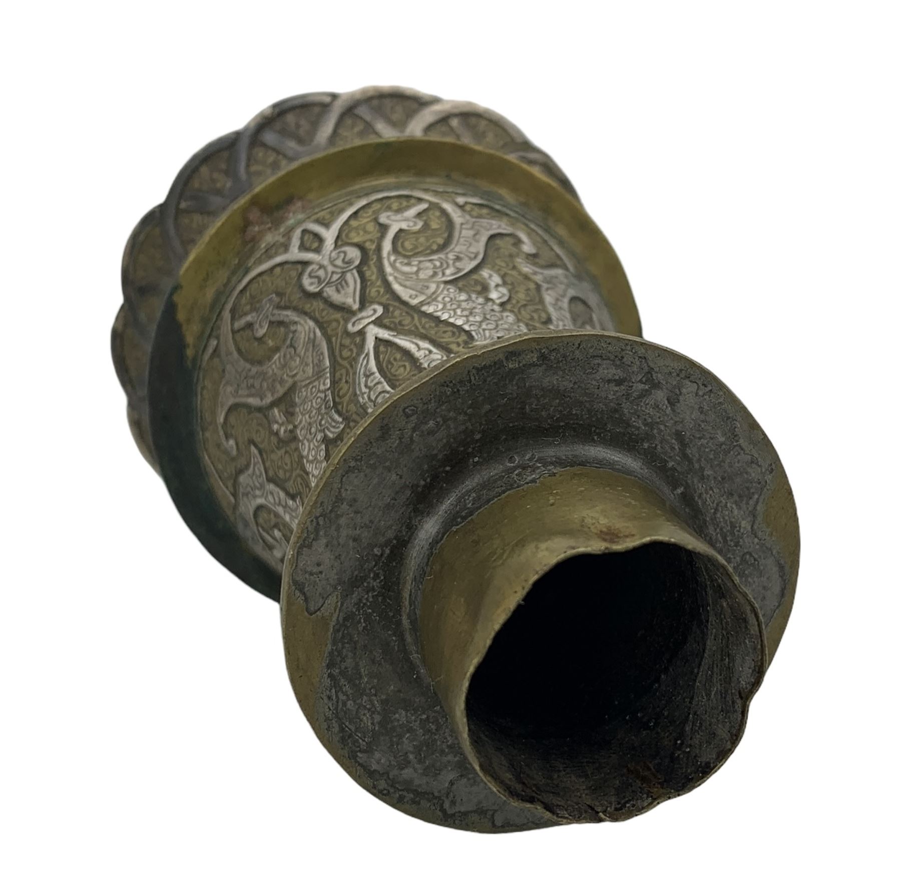 19th century Persian brass and white metal inlaid Hookah bowl, decorated with stylized fish and scrolling motifs, H11cm 