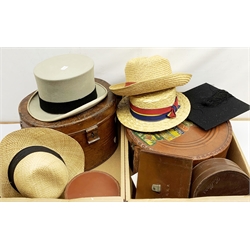 A Victorian tin top hat box, and gentleman's grey top hat by Lock & Co Hatters, Saint James's Street, London, together with a Vintage mid century ladies travelling hat case, with travel stickers detailed Montreux, Nice, etc., two leather traveling collar cases, straw boater, etc. 