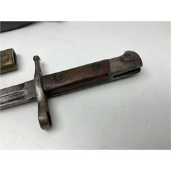 Italian Model 1891 bayonet with 30cm fullered blade; the crosspiece marked 'TERNI'; in associated brass and leather scabbard L43cm overall; and Knights Templar (?) short blade sword (no scabbard) (2)