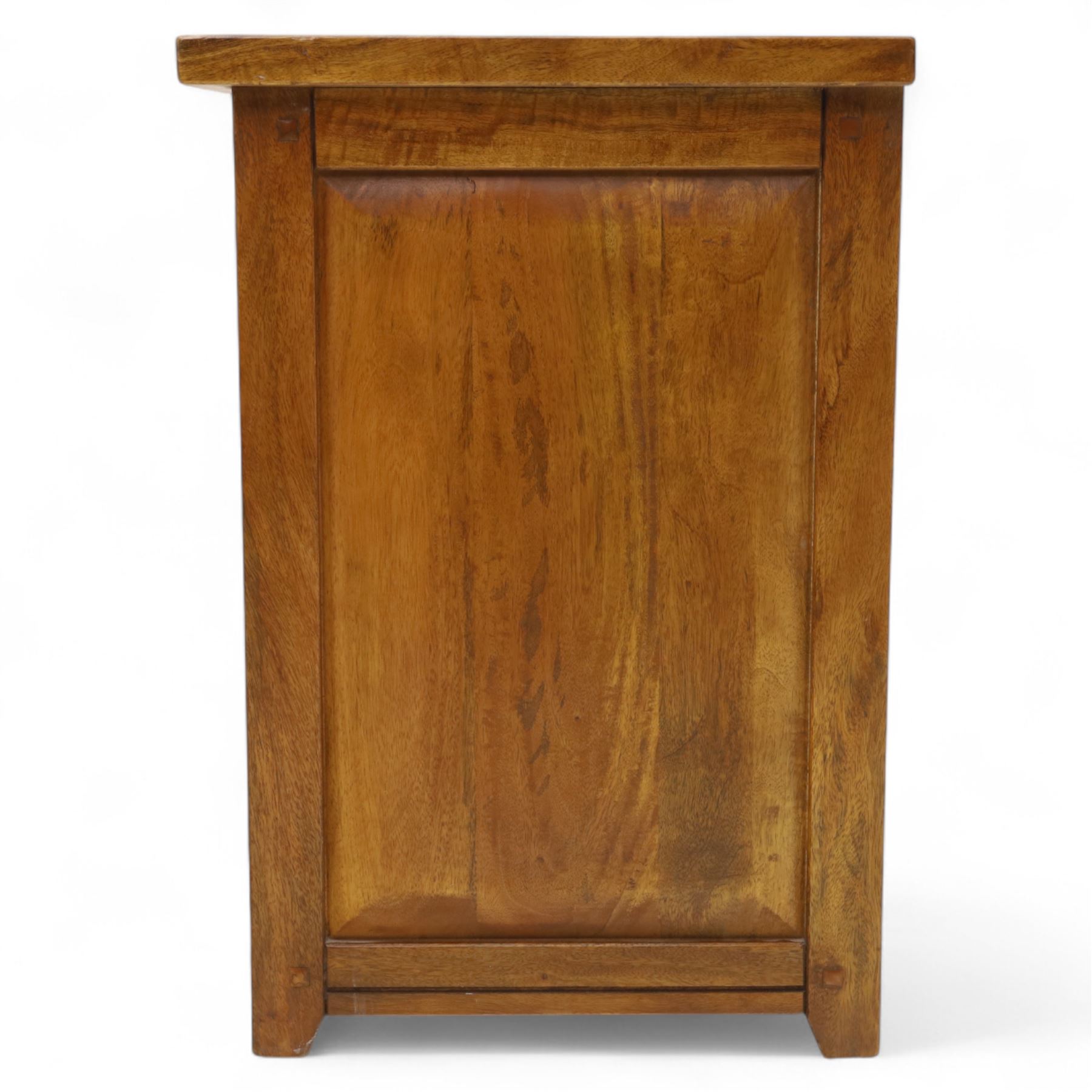 Two hardwood bedside chests,  of rectangular form, fitted with three drawers with recessed brass handles, panelled sides, and flush top, W55xD40xH68cm & W45D45xH68cm 