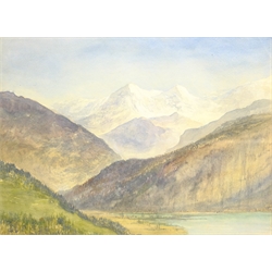 Alfred Young Nutt (British 1847-1924): 'Lake Thun Switzerland', watercolour inscribed verso 27cm x 37cm
Provenance: with T B & R Jordan Fine Art, Stockton on Tees, label verso