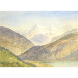 Alfred Young Nutt (British 1847-1924): 'Lake Thun Switzerland', watercolour inscribed verso 27cm x 37cm
Provenance: with T B & R Jordan Fine Art, Stockton on Tees, label verso