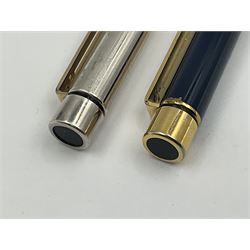 Sheaffer Targa 1011 Diamond Square fountain pen, the gold plated barrel with nib stamped 14K 585, together with another Sheaffer Targa fountain pen with blue barrel and gold nib stamped 14K 585 and matching ballpoint, and Sheaffer ballpoint pen with sterling silver barrel, largest L13.5cm (4)