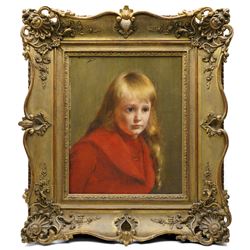 Maxime Dastugue (French 1851-1909): Portrait of a Blonde Girl in a Red Coat, oil on canvas signed 45cm x 37cm