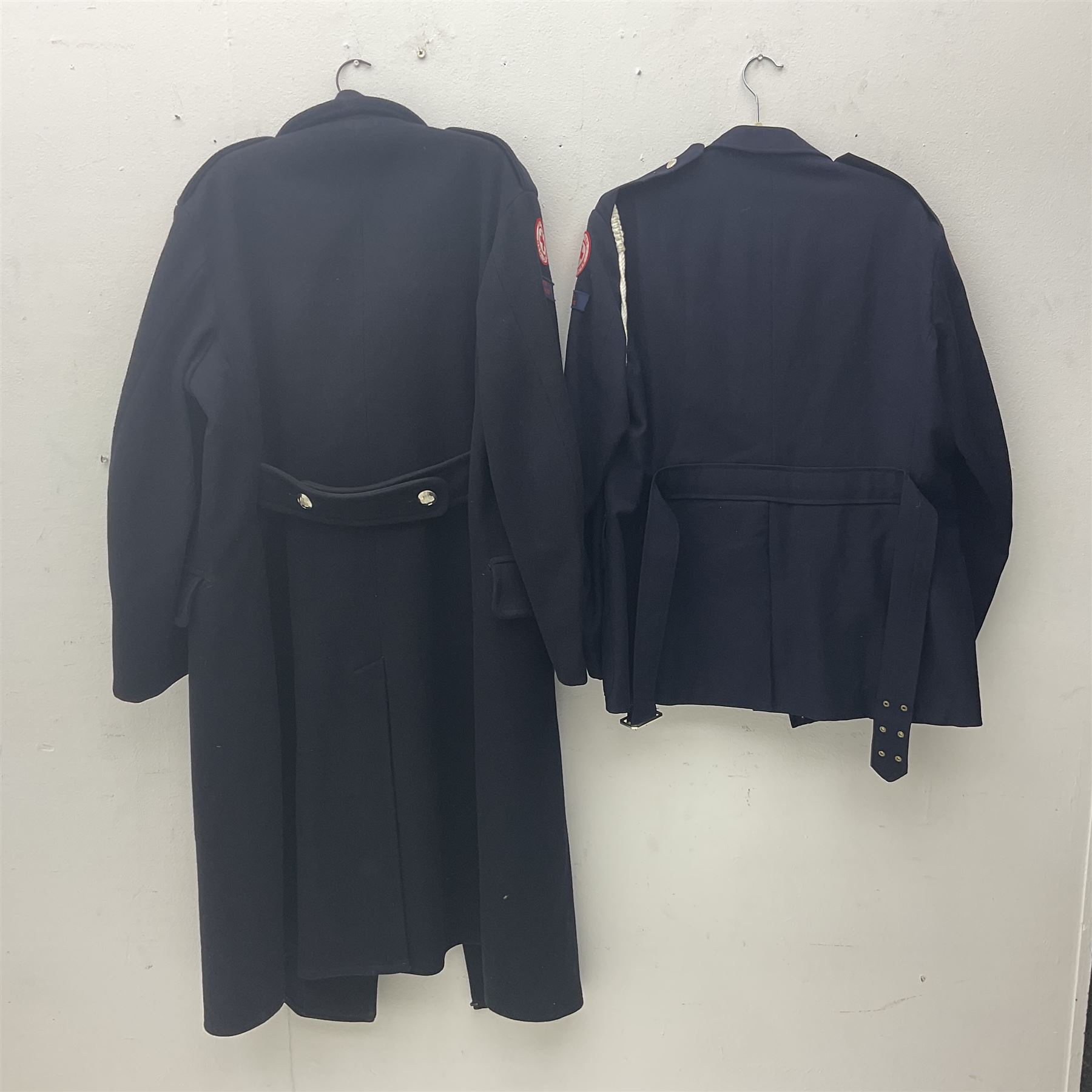 1950s British Red Cross North Yorkshire dress uniform comprising tunic, trousers, greatcoat and visor cap; bears manuscript label '1956 Ware'