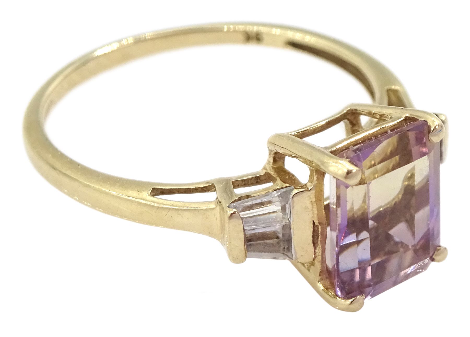 9ct gold emerald cut ametrine and tapered baguette cut white topaz ring, hallmarked