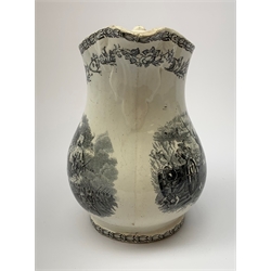 A 19th century Staffordshire pottery pearlware Crimea commemorative jug, black transfer printed with battle scenes, entitled Battle of Alma, Charge of the Highlanders, and Storming the Malakhofi, H18cm. 