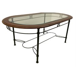 Ernest Menard - cherry wood and wrought metal dining table with glass top, and set six matching dining chairs