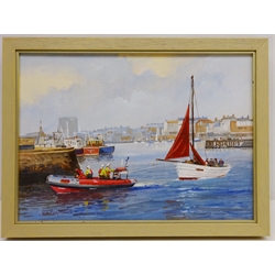 MS UI Gothic RNLI Dingy in Bridlington Harbour, oil on board signed by Don Micklethwaite (British 1936-) 24cm x 34cm  
