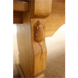  'Mouseman' oak trestle bench, adzed top on three shaped supports, by Robert Thompson of Kilburn, L305cm, D36cm, H46cm  