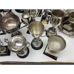 Collection of silver plated and metal trophy cups and winners plaques, all relating to the Burniston and District Show, most engraved with competitions and winner's names, in three boxes 