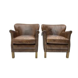 Halo - pair 'Little Professor' club armchairs, upholstered in tan leather with studwork, raised on square supports