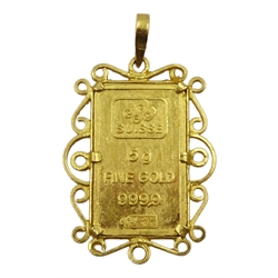 Suisse 5g Fine gold 999.9 Lady Fortuna ingot, loose mounted in 22ct gold open work pendant
