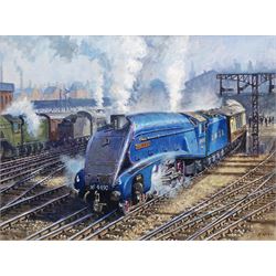 Robert Nixon (British 20th century): 'LNER Empire of India Leaving Leeds Central Station', oil on canvas signed and dated '15, 46cm x 61cm