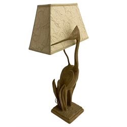 Carved composite seated heron table lamp, with shade
