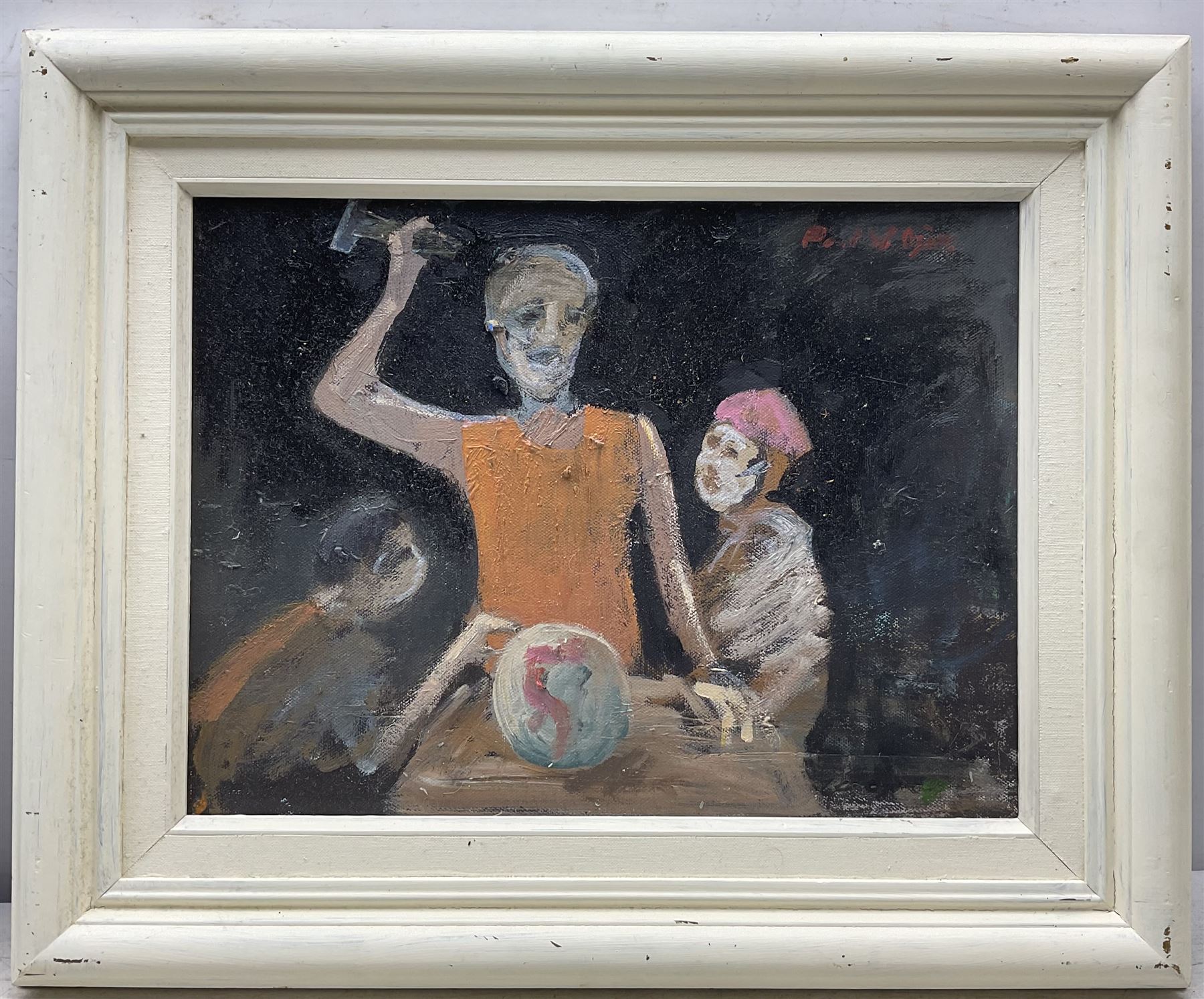 Paul W Ozere (Cornish 20th century):  Adam and Eve, Bathers, View Towards the City, Breaking the Bank, Beneath the Wave and Watcher, six oils on canvas signed max 39cm x 39cm (6)