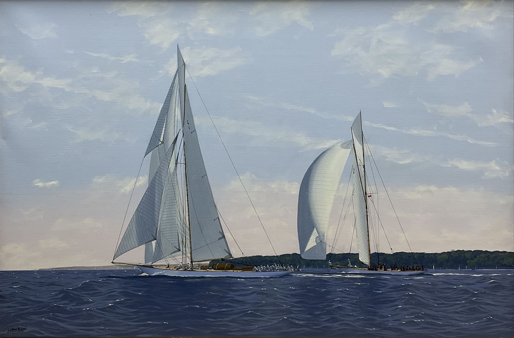 James Miller (British 1962-): Big Class Yachts 'Downwind towards the mark Tuiga and Mariquita - The Westward Cup 2010', oil on canvas signed, titled verso 49cm x 74cm 