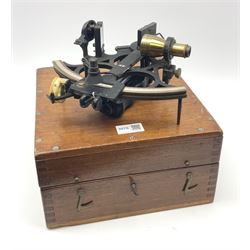 Henry Hughes & Son Ltd. sextant with black crackled finish, brass and silvered graduated arc and various coloured glass filters, serial no.60818, in fitted mahogany carrying box bearing Lilley & Reynolds Ltd. certificate dated 1962 W26cm