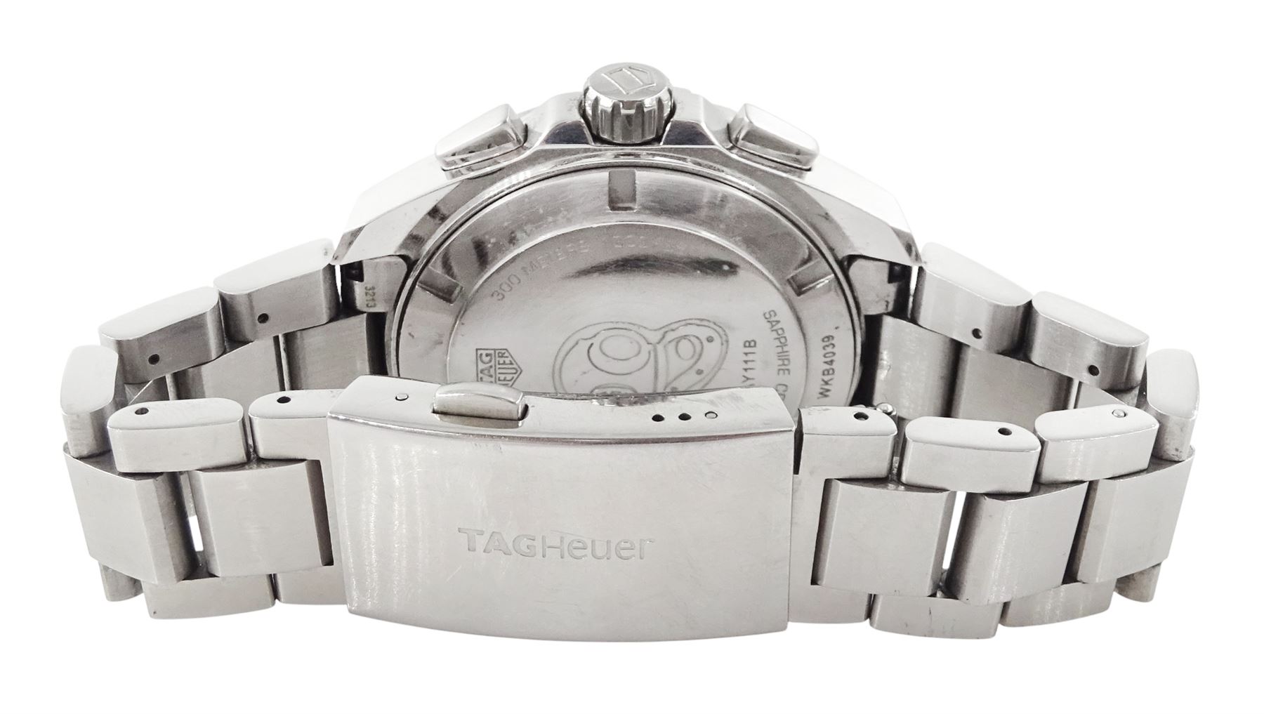 Tag Heuer Aquaracer gentleman's stainless steel quartz chronograph wristwatch, Ref. CAY111B, blue dial with subsidiary dials and date aperture, on original stainless steel bracelet, with fold-over clasp, boxed with papers and warranty card dated 2021