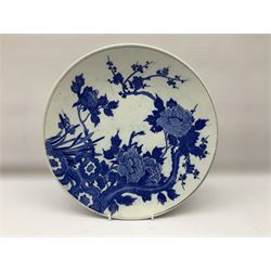 19th century Chinese blue and white export plate, tea bowl and saucer decorated with pagoda river scenes and further plate decorated in red, blue and gilt blossoming flowers and foliage, together with Japanese blue and white charger decorated with flowering peonies and blossoming branches, D31cm