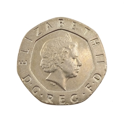 Queen Elizabeth II undated 20p coin, minting error coin which should bear the date 2008
