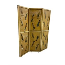 Mid-20th century three panel folding screen, decorated with various hand-written names and vintage paper cut-outs
