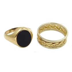 Gold weave design band and a gold black onyx signet ring, both hallmarked 9ct