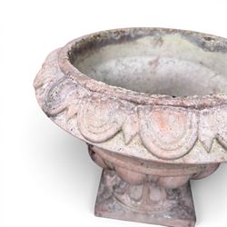 Pair of cast stone stone circular squat planters, egg and dart detail to rim, square base