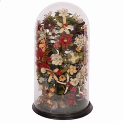 Victorian glass specimen dome, with woolwork floral centre piece upon a circular ebonised ...