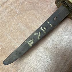 WW2 Japanese Army officer's shin gunto/katana sword with 67cm steel single edged blade, foliate cast brass tsuba, bound fish-skin grip with brass mounts, inscribed and painted marks to tang; in lacquered wooden scabbard with leather combat covering bearing four character marks L99cm overall