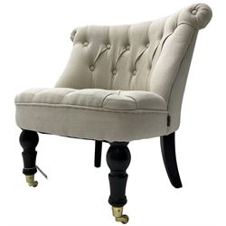 Eichholtz Furniture - bedroom chair with curved back upholstered in buttoned cream fabric, turned ebonised front supports with brass cups and castors