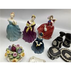 Four Royal Doulton figures comprising Debbie, Enchantment, Autumn Breeze and Adrienne, together with Wedgwood Jasperware vases, dish and box decorated with white relief against a black basalt ground, two Royal Crown Derby dishes etc