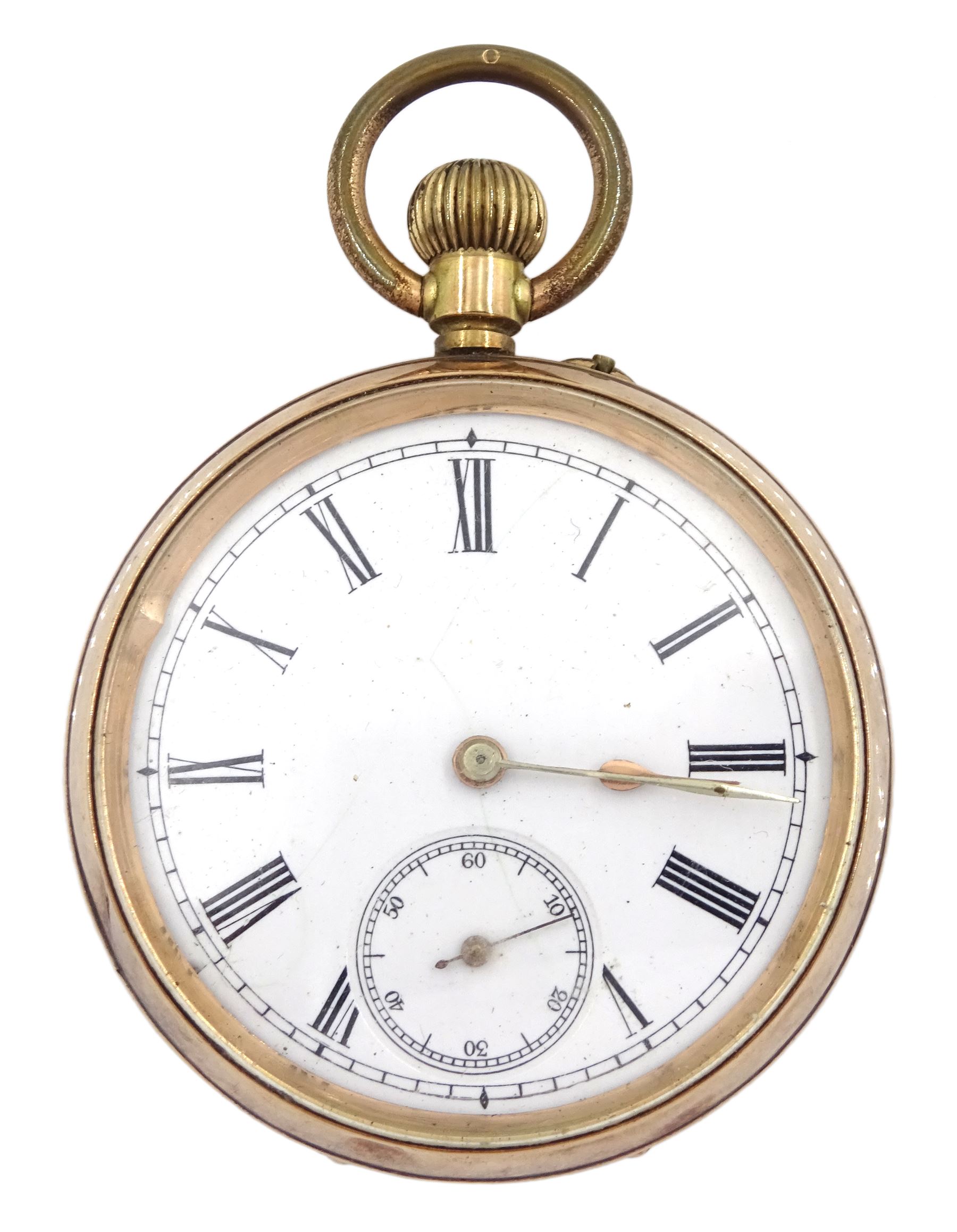 Early 20th century 9ct gold open face keyless lever pocket watch, stamped 9K, with an Edwardian graduating silver Albert chain, Birmingham 1901, with soldered Queen Victoria India silver one rupee coin