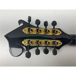 Eastern eight-string F-hole mandolin with blue sunburst finish and mother-of-pearl inlay of flowers and birds L69cm